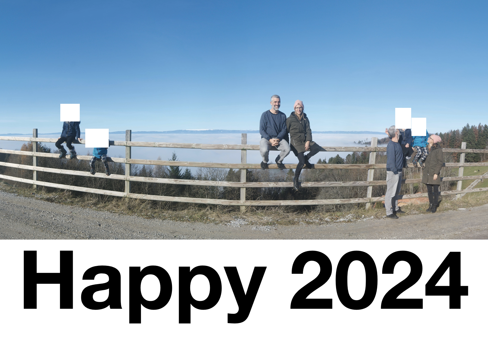 A composite panoramic image of two kids, two adults and the whole family, in a 2, 0, 2, 4 pattern.